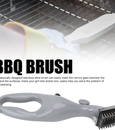 Stainless steel barbeque grill steam brush cleaning a black outdoor grill grate.