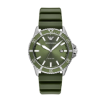 Front view of Emporio Armani World Explorer watch with black dial and green strap.