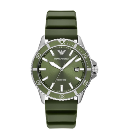 Front view of Emporio Armani World Explorer watch with black dial and green strap.