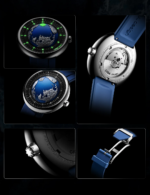 Blue Planet II Atlantic Ocean automatic watch with a recycled titanium case and a blue fluororubber strap.