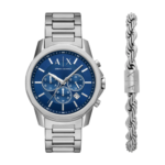 Slim Armani Exchange Men's Silver Watch with Blue Top Ring