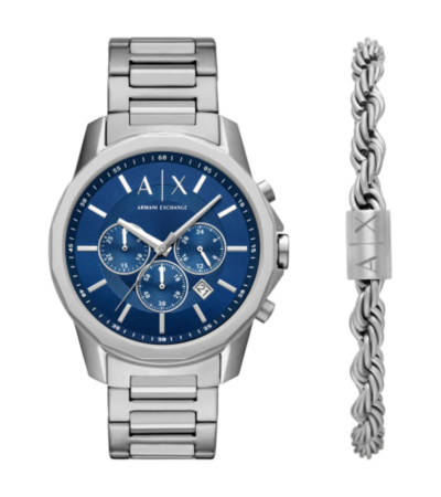 Slim Armani Exchange Men's Silver Watch with Blue Top Ring