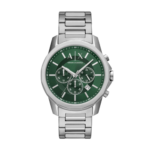 Armani Exchange Men's Silver Chronograph Watch with Green Top Ring