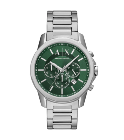 Armani Exchange Men's Silver Chronograph Watch with Green Top Ring