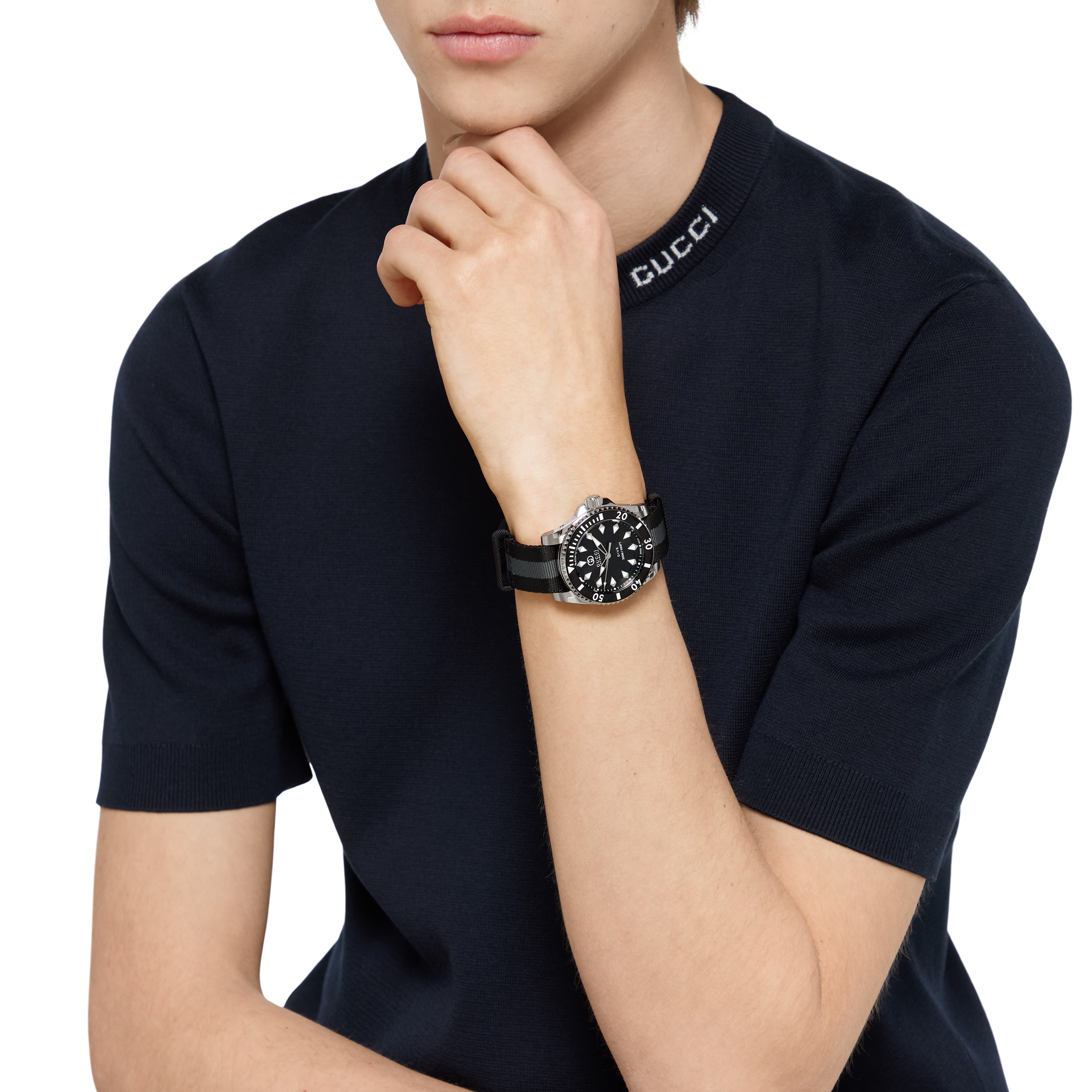 Gucci Dive automatic watch featuring a 40mm black dial and grey-black nylon Nato strap