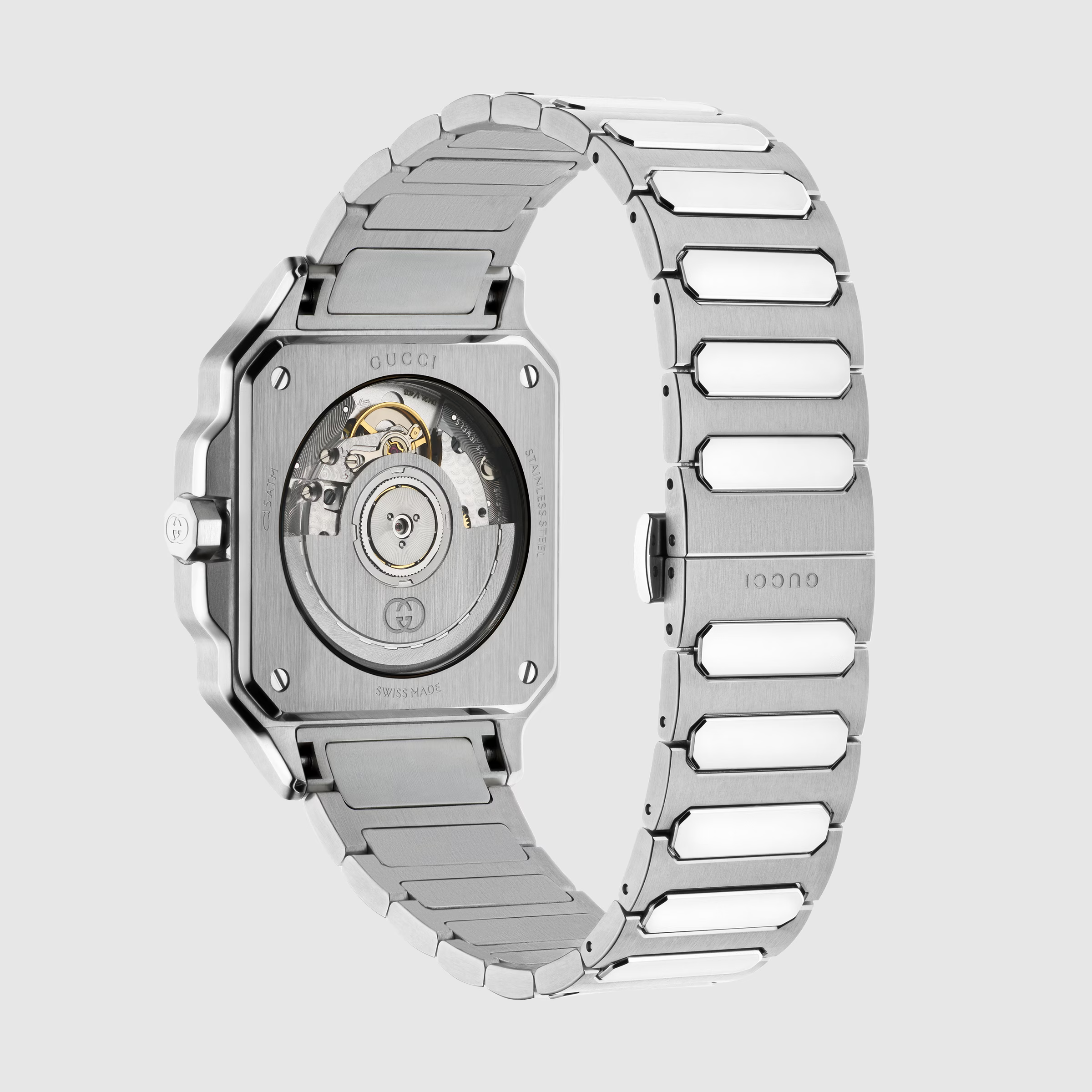 Gucci G-Flat watch with green opaline dial and stainless steel bracelet