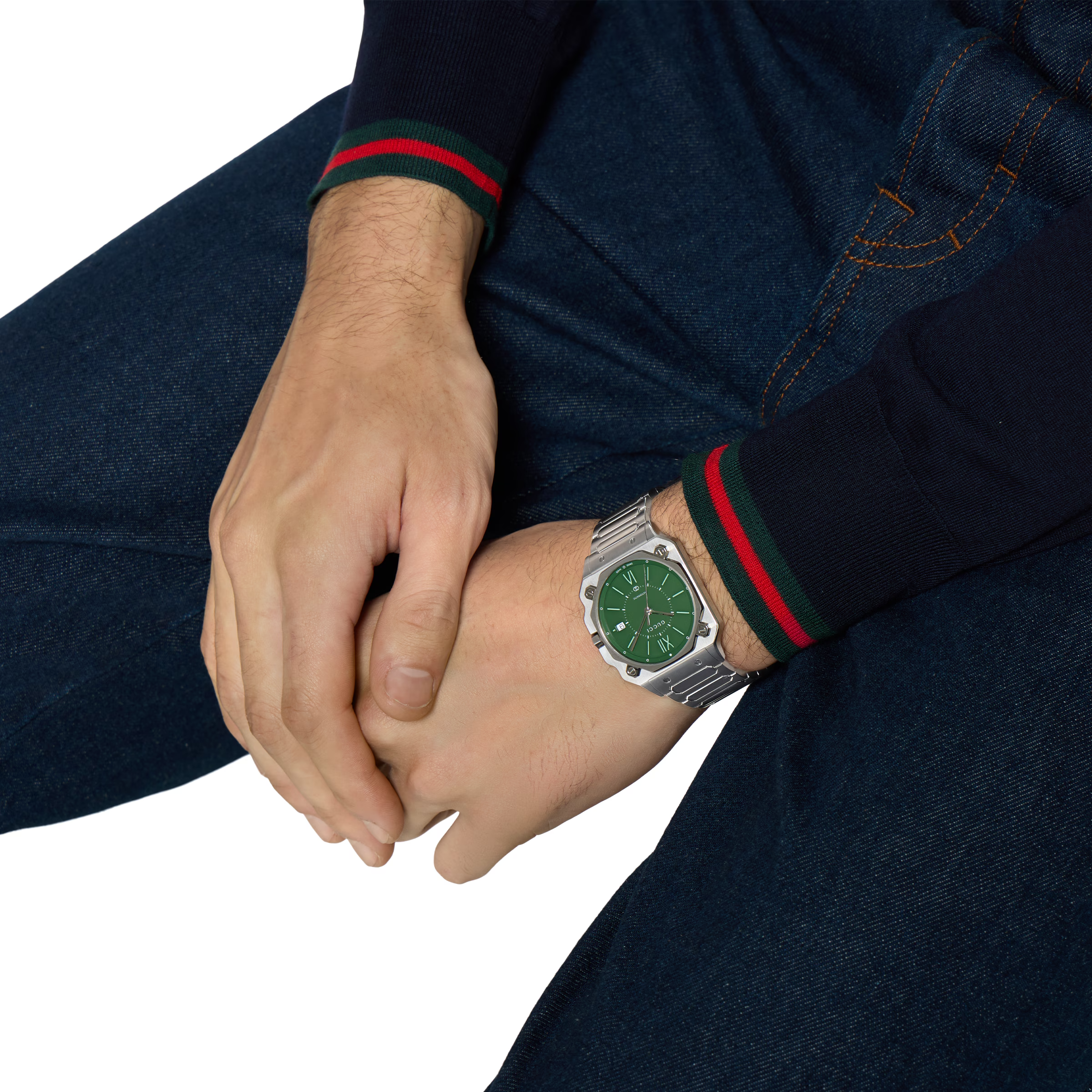 Gucci G-Flat watch with green opaline dial and stainless steel bracelet