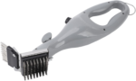 Stainless steel barbeque grill steam brush cleaning a black outdoor grill grate.