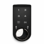 A vertical D152 smart touchscreen lock installed on a grey steel locker door.