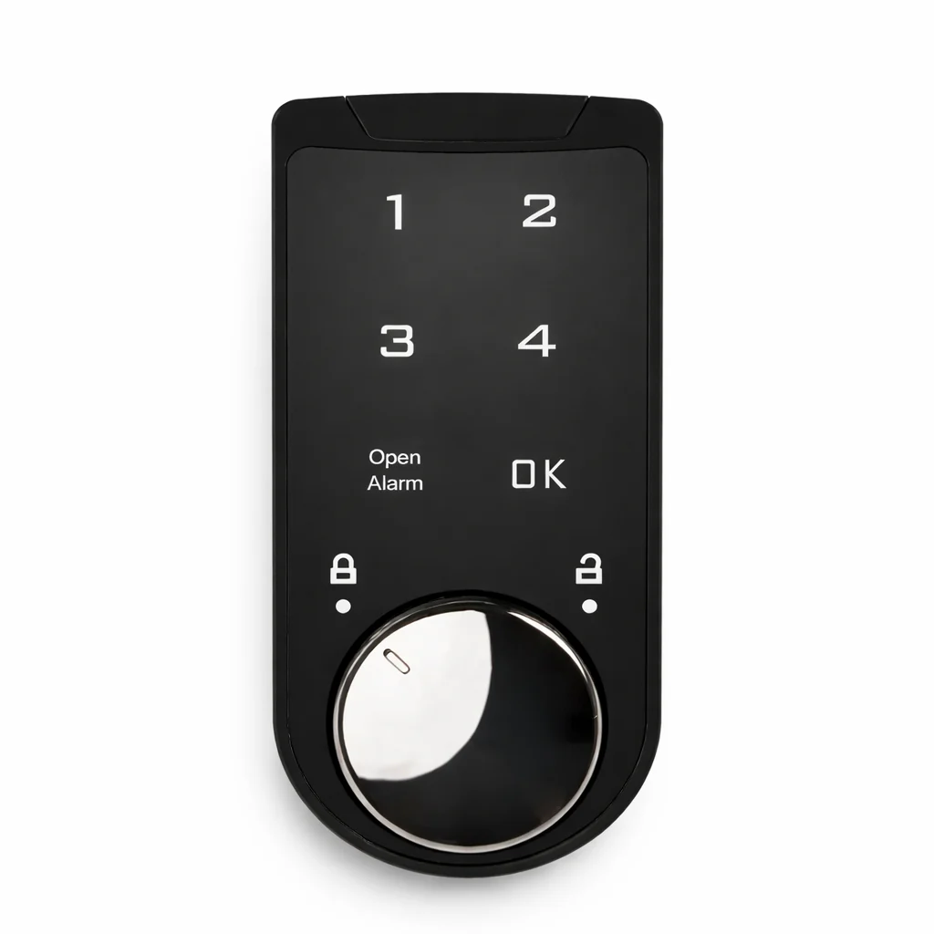 A vertical D152 smart touchscreen lock installed on a grey steel locker door.