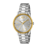 Front view of Gucci G-Timeless YA1264233 watch with silver dial and stainless steel bracelet.