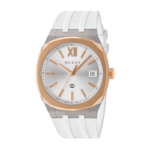 Gucci 25H YA163439 stainless steel watch with white rubber strap and pink gold bezel