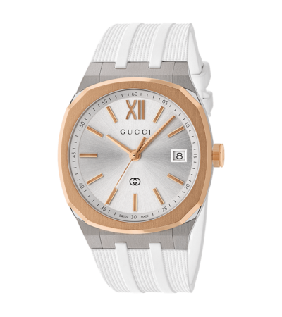 Gucci 25H YA163439 stainless steel watch with white rubber strap and pink gold bezel