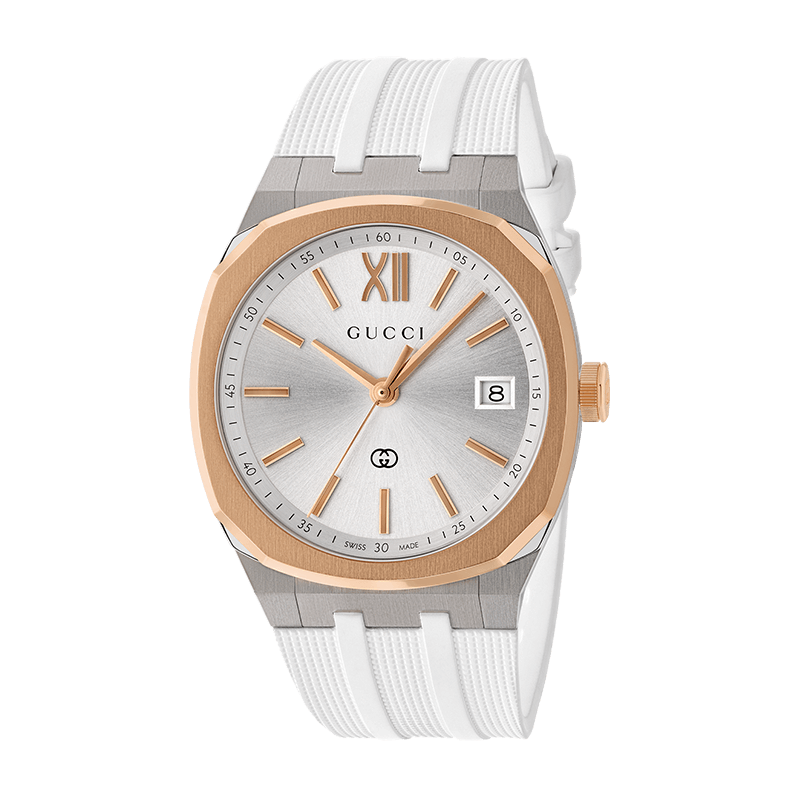 gucci-25h-ya163439-white-rubber-strap-watch Gucci 25H YA163439 stainless steel watch with white rubber strap and pink gold bezel