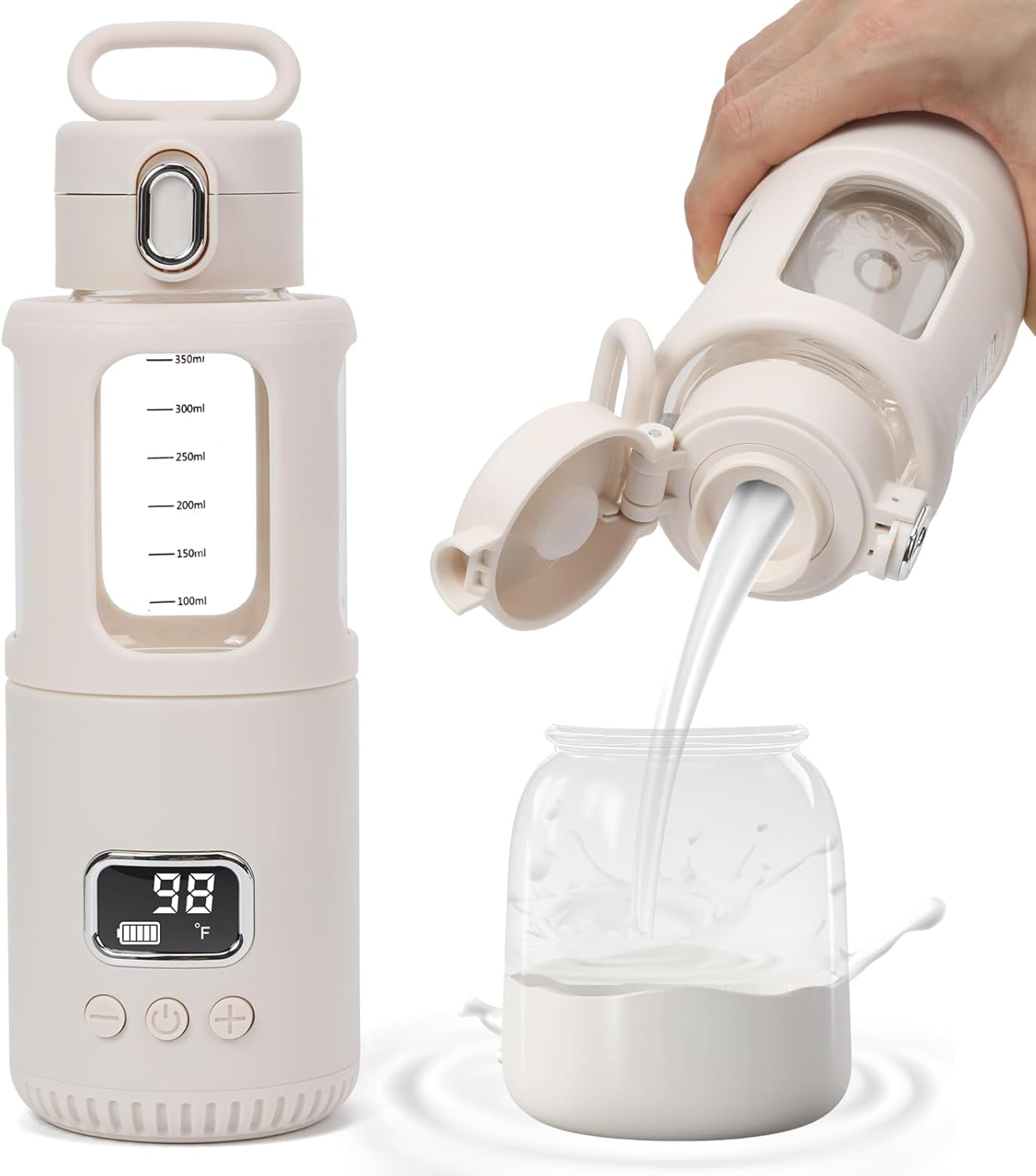 Portable-Travel-Bottle-Warmer-Digital-Display Handheld portable milk warmer with LCD temperature display and glass body