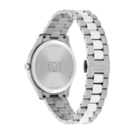 Front view of Gucci G-Timeless YA1264233 watch with silver dial and stainless steel bracelet.