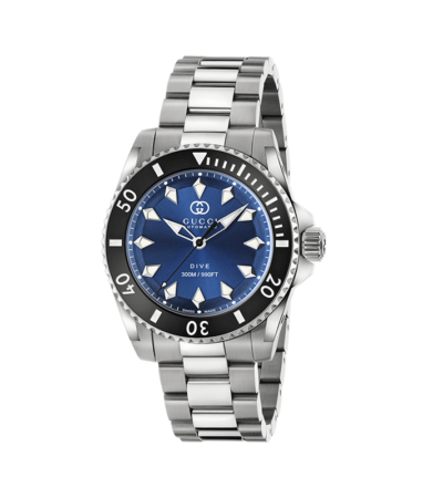 Gucci Dive watch with blue dial and Interlocking G logo on stainless steel bracelet