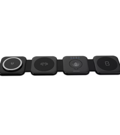 EQ 4 in 1 Magnetic Wireless Charging Pad EQ-W405 in Black charging a phone, watch, and earbuds.