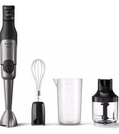 Philips 1200W black hand blender with chopper and spiralizer attachments
