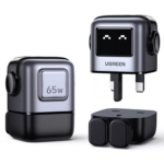 Ugreen Nexode RG 65W USB-C GaN Charger in Grey featuring 3 ports and robot face display.