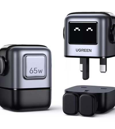 Ugreen Nexode RG 65W USB-C GaN Charger in Grey featuring 3 ports and robot face display.