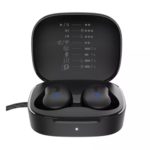 Belkin SoundForm Anywhere Earbuds in black show the slim charging case and key rings.