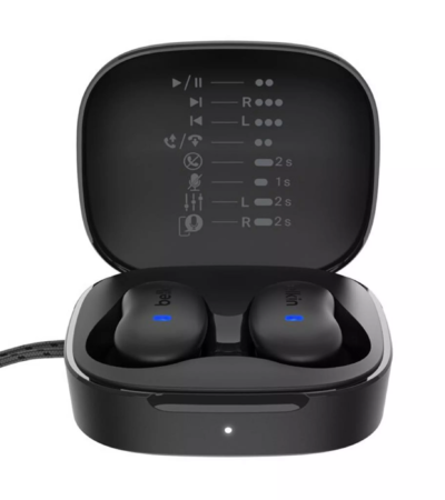 Belkin SoundForm Anywhere Earbuds in black show the slim charging case and key rings.