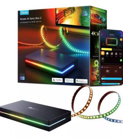 Govee AI Sync Box 2 connected to a 65 inch TV showing RGBIC backlight effects