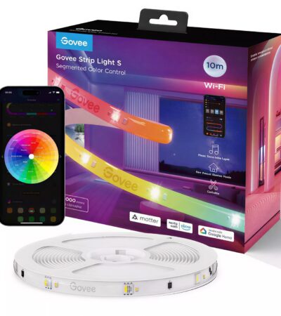 Govee 10m RGBIC Wi-Fi LED strip lights showing multiple colors on one strand