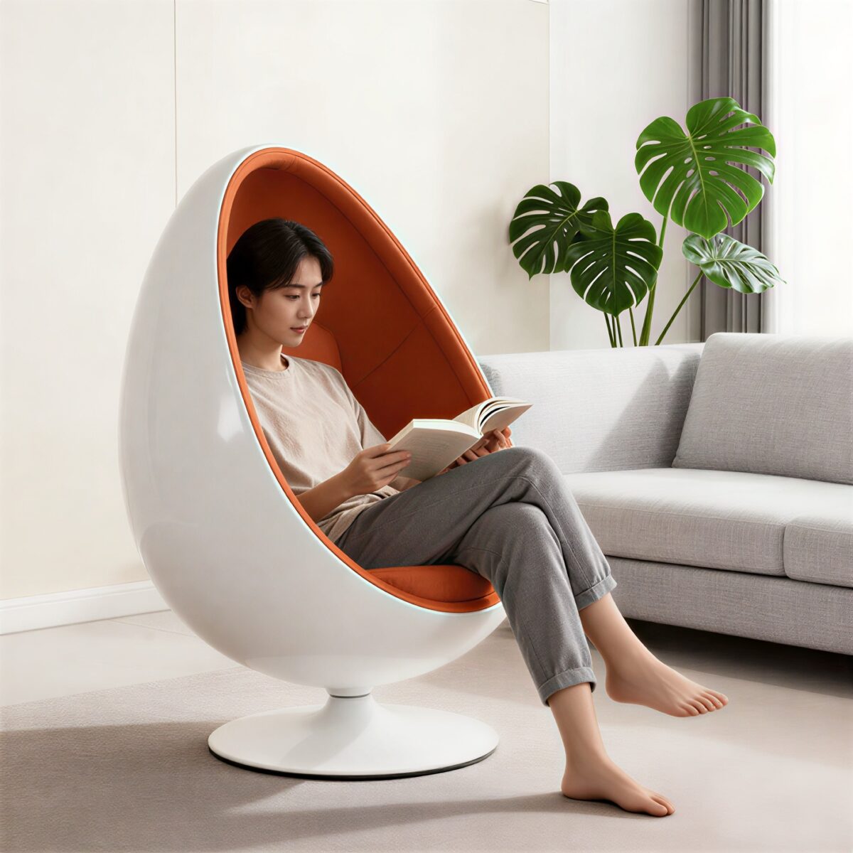 Modern upholstered fiberglass egg chair with tufted back for luxury interiors
