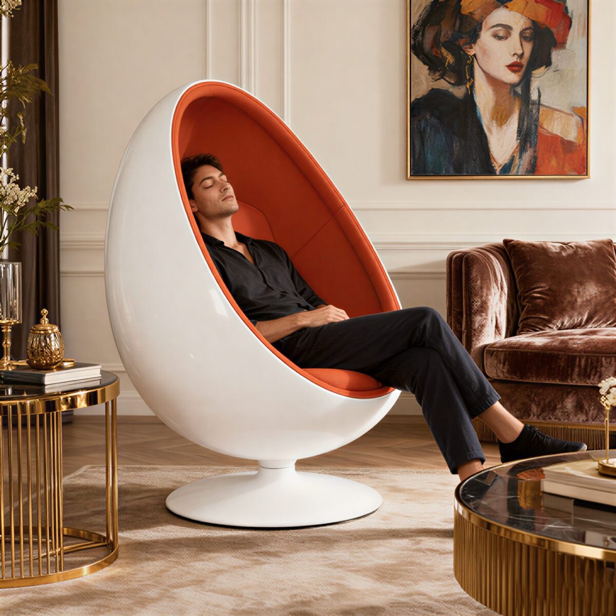 Modern upholstered fiberglass egg chair with tufted back for luxury interiors