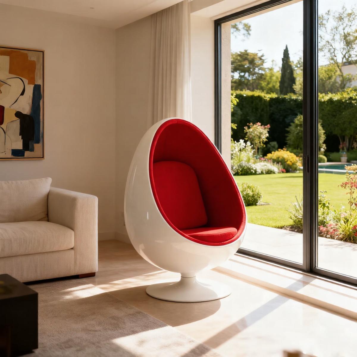 Modern upholstered fiberglass egg chair with tufted back for luxury interiors