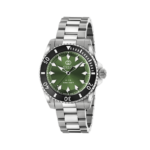 Close-up of Gucci Dive YA136363 watch featuring a green dial and stainless steel bracelet.