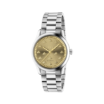 Gucci G-Timeless MultiBee watch with 38mm gold sunbrushed dial and steel bracelet.