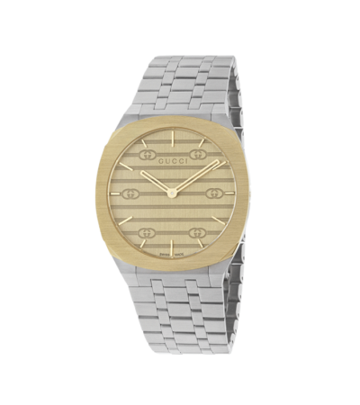 Gucci 25H Watch with yellow gold dial and stainless steel bracelet