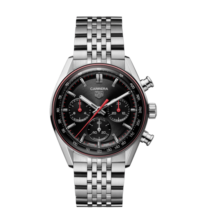 TAG Heuer Carrera Chronograph 41mm with black dial, red accents, and stainless steel bracelet.