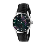 Gucci G-Timeless 36mm watch with Mother-of-Pearl dial and black leather strap.