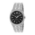 Front view of Gucci 25H automatic watch with stainless steel case and black dial