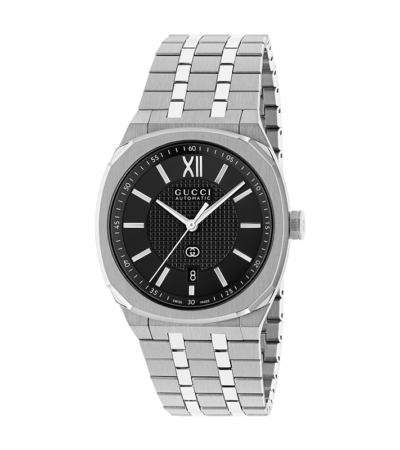 Front view of Gucci 25H automatic watch with stainless steel case and black dial
