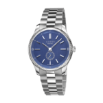 Gucci G-Timeless Slim 40mm automatic watch with blue dial, signature House motifs, and stainless steel bracelet.