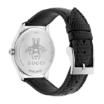 Gucci G-Timeless 36mm watch with Mother-of-Pearl dial and black leather strap.