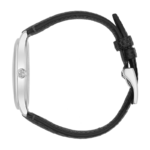 Gucci G-Timeless 36mm watch with Mother-of-Pearl dial and black leather strap.