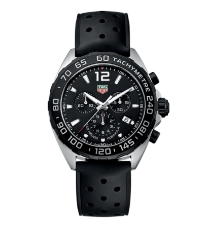 TAG Heuer Formula 1 43mm chronograph watch with black dial and rubber strap