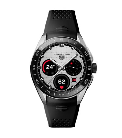 TAG Heuer Connected Calibre E5 45mm smartwatch with black rubber strap and digital dial.