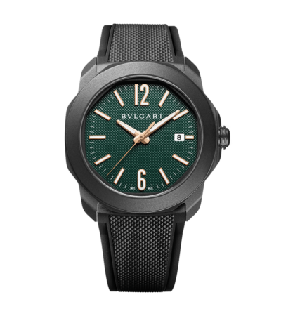 Bvlgari Octo Roma Special Edition watch with green dial and black DLC case.