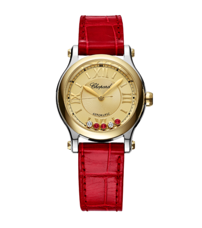 Chopard Happy Sport 30mm watch with moving diamonds and rubies on golden dial