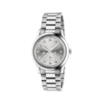 Gucci G-Timeless MultiBee watch with 38mm silver sun-brushed dial and stainless steel bracelet.