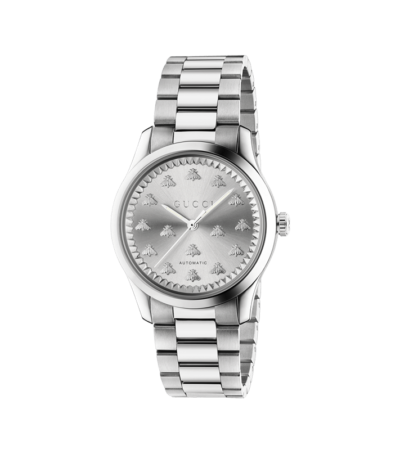 Gucci G-Timeless MultiBee watch with 38mm silver sun-brushed dial and stainless steel bracelet.