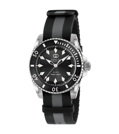 Gucci Dive automatic watch featuring a 40mm black dial and grey-black nylon Nato strap