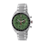 Front view of Gucci Interlocking YA142318 chronograph with green dial and black ceramic bezel.